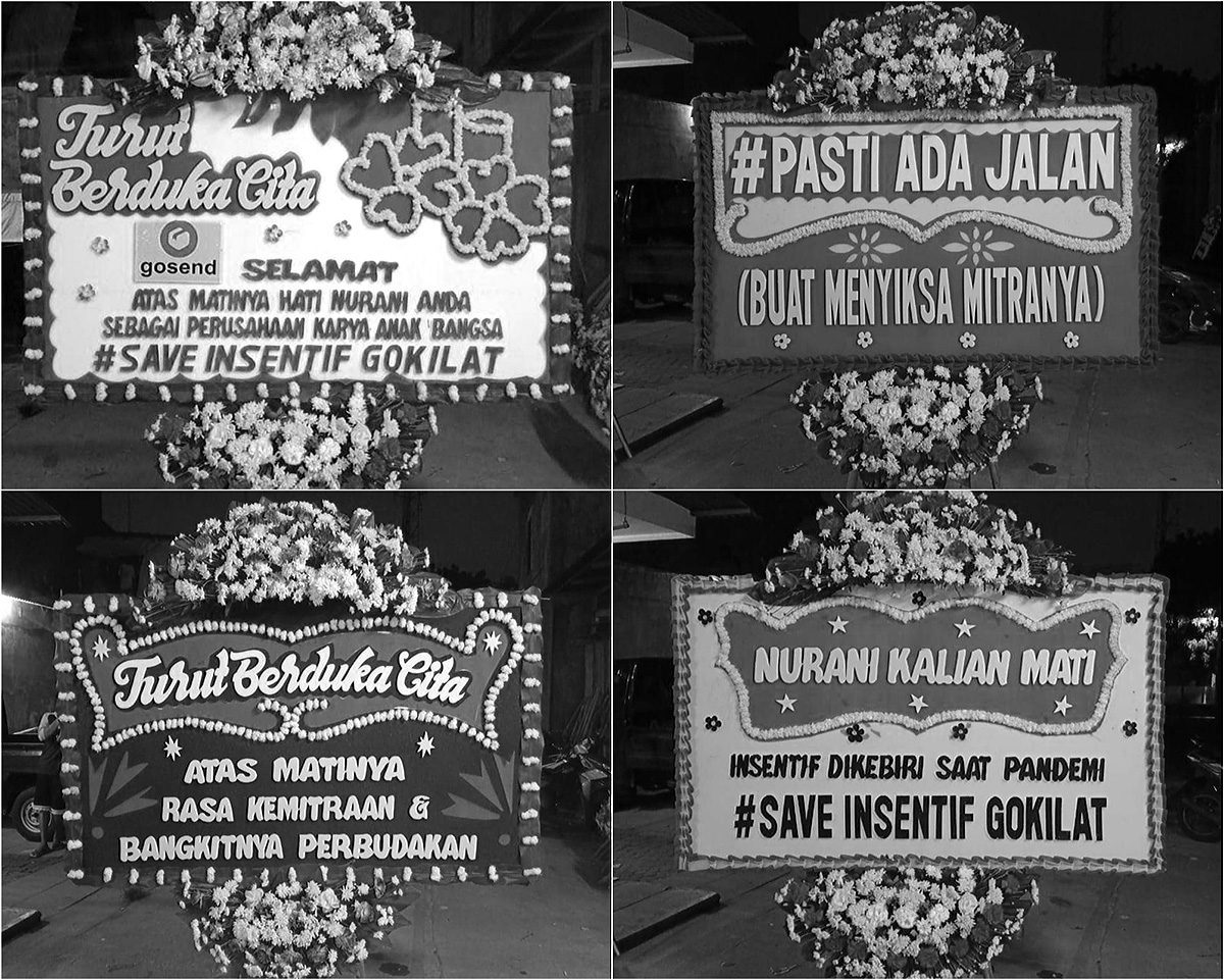 Foto beberapa karangan bunga - kiriman para kurir ke kantor Gojek di Jalan Kemang Timur, Bangka, Mampang Prapatan, Jakarta Selatan - sebagai bentuk aksi protes terkait perubahan skema insentif yang dikumpulkan dari media sosial oleh Arif Novanto, peneliti Institute of Governance and Public Affairs UGM. (Project M/Twitter/Arif Novanto)