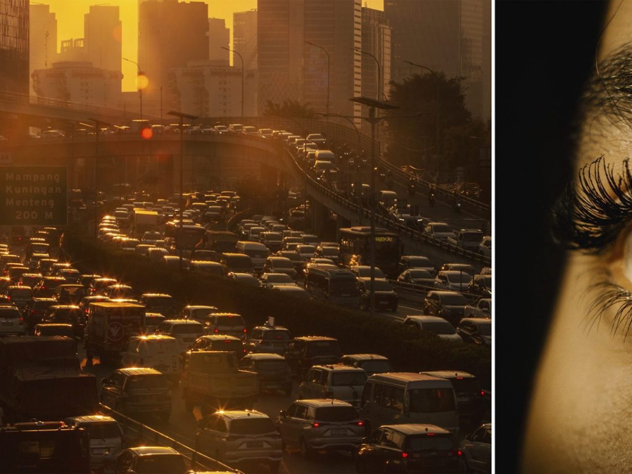 Kendaraan memadati Jalan Gatot Subroto, Jakarta, saat jam pulang kerja dan refleksi logo model kecerdasan buatan (AI) OpenAI. (Project M/Muhammad Zaenuddin)